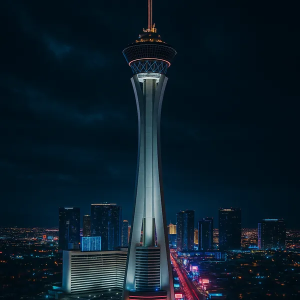 Discover a puzzle with a striking night view of a lone observation tower rising above a neon-lit cityscape.