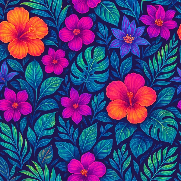 Discover a puzzle with a vibrant tropical floral pattern featuring bold hibiscus-like blooms in glowing orange and hot magenta set against deep navy, surrounded