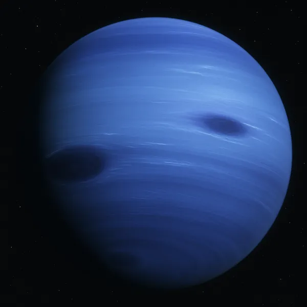 Discover a puzzle with a serene blue gas giant set against a starry black sky, showing soft bands of indigo and electric blue and a few darker storm ovals that