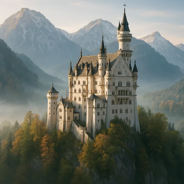 Discover a puzzle with a majestic fairy-tale castle perched on a rocky hill, surrounded by misty mountain peaks and a forest of warm autumn tones.