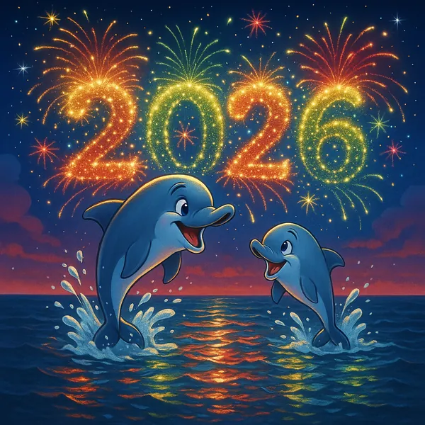 Discover a puzzle with two joyful dolphins leaping from a shimmering ocean beneath a twilight sky as sparkling fireworks spell out "2026" above them.