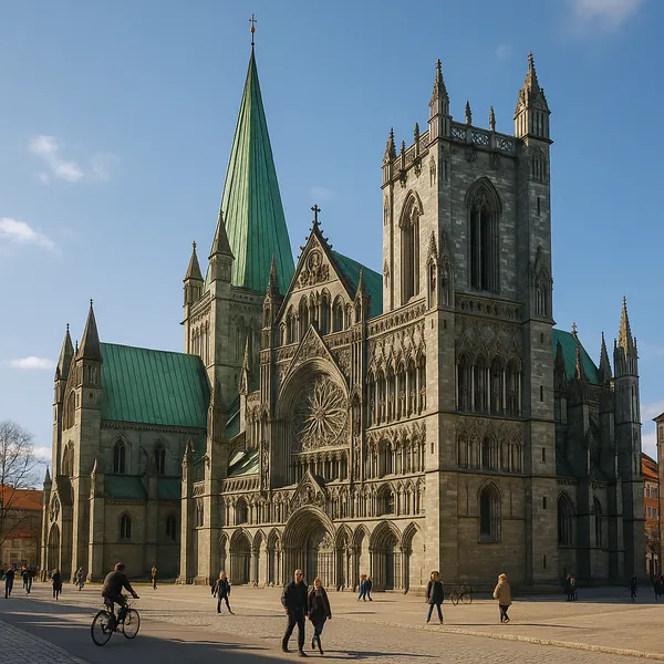 Discover a puzzle with a grand Gothic cathedral captured under a clear blue sky, its warm stone façade and green copper roofs glowing in soft daylight.