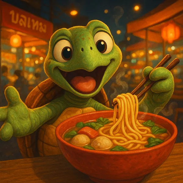 Discover a puzzle with an adorable, wide‑eyed turtle happily twirling steaming noodles with chopsticks in a vibrant night market setting.