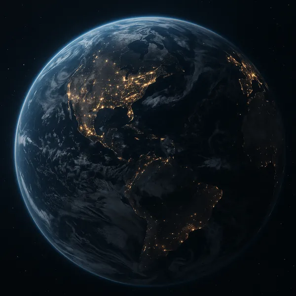 Discover a puzzle with a stunning satellite view of Earth at night, showing North and South America wrapped in deep navy oceans and a soft blue atmospheric glow