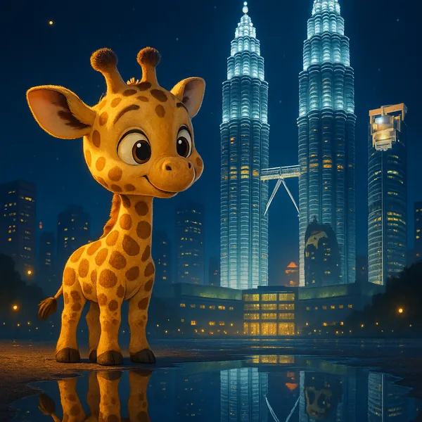 Discover a puzzle with a charming baby giraffe standing in the foreground of a glowing nighttime cityscape on PuzzleFree.Game.