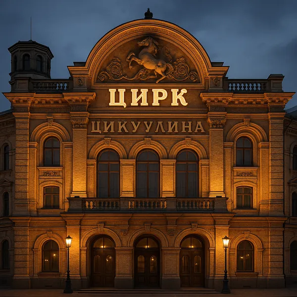 Enjoy assembling a puzzle depicting a grand historic circus facade bathed in warm golden light against a deep twilight sky, with ornate arches, tall windows, a