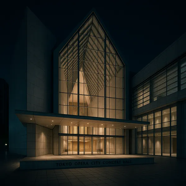 Discover a puzzle with a striking night view of a modern concert hall, its tall glass façade framing warm, golden interior lights against deep blue-black evenin