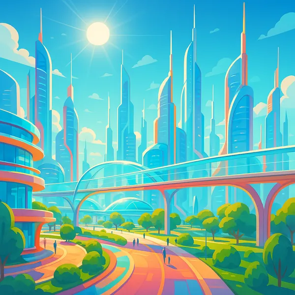 Enjoy an online jigsaw puzzle designed for browser play, featuring a bright, futuristic cityscape filled with sleek skyscrapers and elevated walkways.