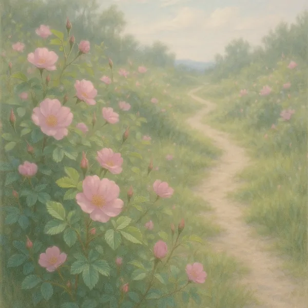 Discover a puzzle with a dreamy country path winding through a meadow of soft pink wild roses and tender green foliage.