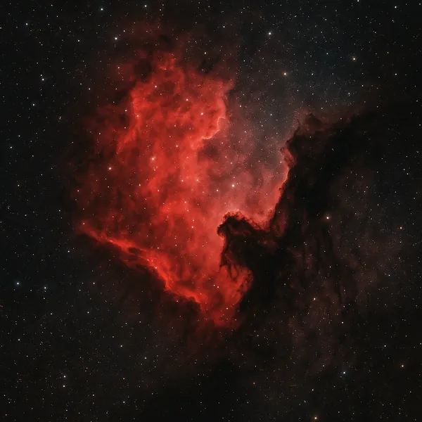Discover a puzzle with a glowing red nebula set against a star‑speckled black sky, where vivid crimson gas swirls meet deep, inky dust lanes to create a dramati