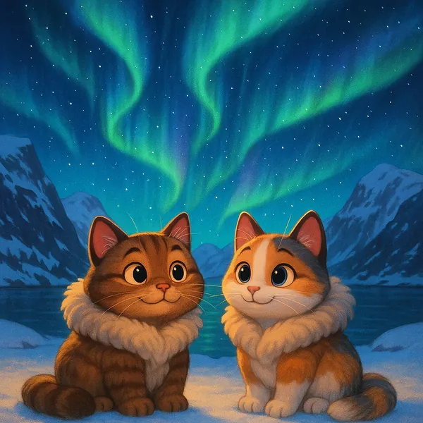 Enjoy assembling a puzzle depicting two adorable cats in fluffy fur collars beneath a shimmering aurora borealis over a snowy fjord.