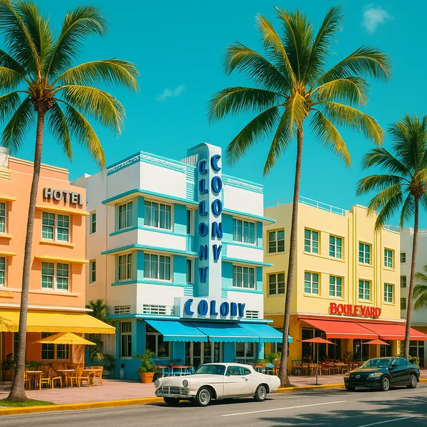 Discover a puzzle with a sunlit Art Deco street scene: pastel buildings in coral, aqua, and lemon, tall swaying palm trees, a bright turquoise sky, and retro ca
