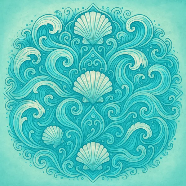 This online jigsaw puzzle features a graceful seaside motif with swirling waves and scallop shells, perfect for a nature- and ocean-themed browser puzzle.