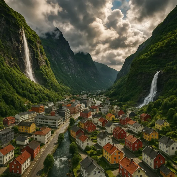 Discover a puzzle with a charming mountain village nestled in a deep green valley, where twin waterfalls tumble down mossy cliffs under a dramatic, cloud-filled