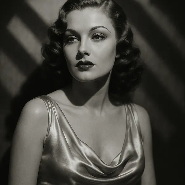Discover a puzzle featuring a timeless black-and-white portrait of vintage Hollywood glamour: an elegant woman with softly waved hair, sculpted brows, and deep,