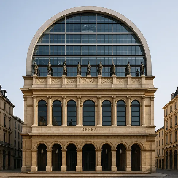 Discover a puzzle with a graceful opera house façade rendered in warm beige stone and soft daylight.