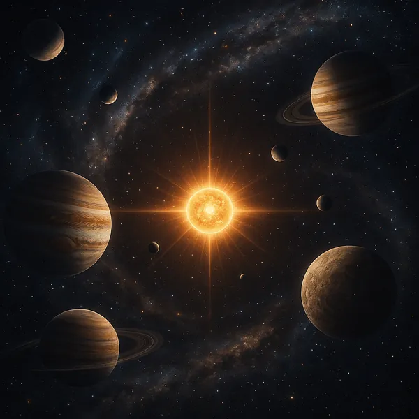 Enjoy an online jigsaw puzzle designed for browser play, featuring a dramatic space scene with a glowing sun surrounded by planets and distant starfields.