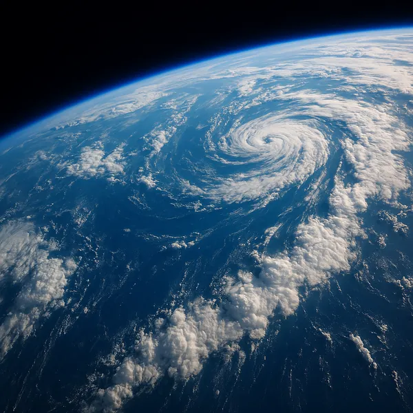 Discover a puzzle with a breathtaking satellite view of Earth showing a vast swath of deep ocean and a dramatic spiral of white clouds at its center.