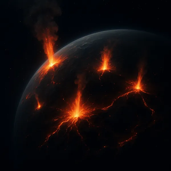 Discover a puzzle with a dramatic cosmic scene of a dark planet split by glowing, fiery eruptions — bright oranges and molten reds pour from multiple volcanic v
