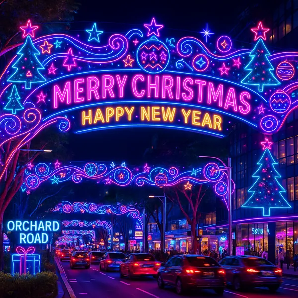 Discover a puzzle with a festive city street lit up in vivid neon: glowing pink and blue arches spell out "Merry Christmas" and "Happy New Year" above a bustlin