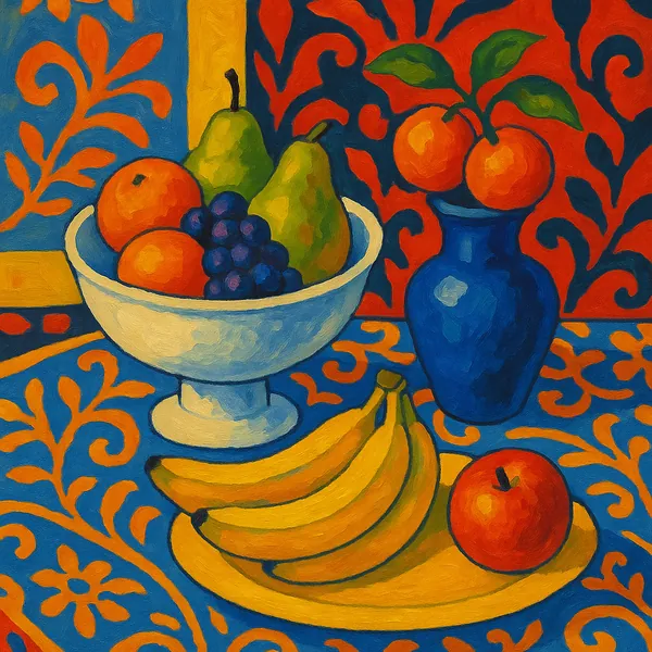 Discover a puzzle with a vibrant still-life scene showing a white compote filled with pears, oranges and purple grapes, a bunch of bananas on a yellow plate, a