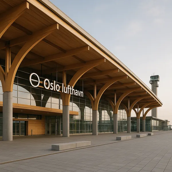 Discover a puzzle with a serene architectural scene of Oslo lufthavn’s sweeping wooden arches and glass façade bathed in warm, golden light.