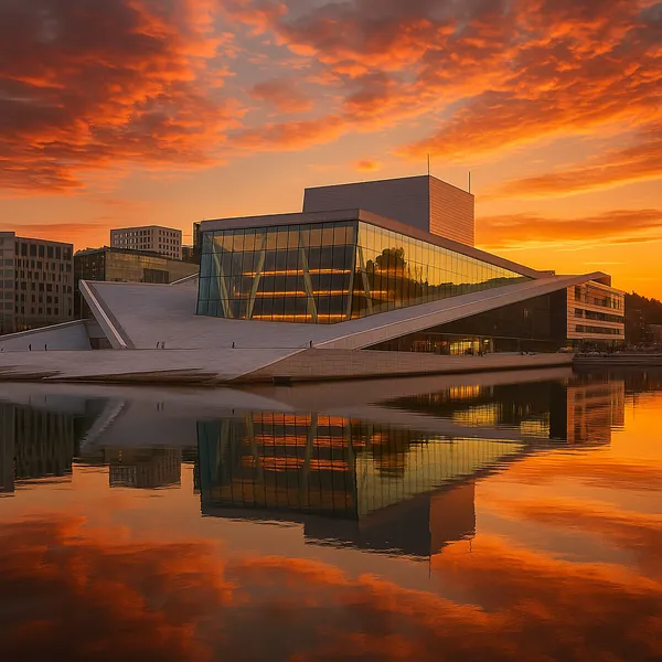 Discover a puzzle with a striking modern waterfront building bathed in a fiery orange sunset, its glass facades catching golden light and dramatic clouds.