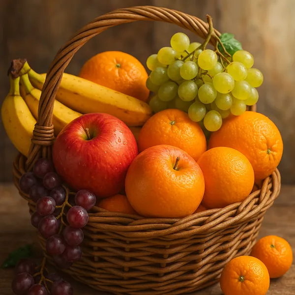 Enjoy an online jigsaw puzzle designed for browser play, featuring a warm still-life of fresh fruit arranged in a rustic wicker basket.