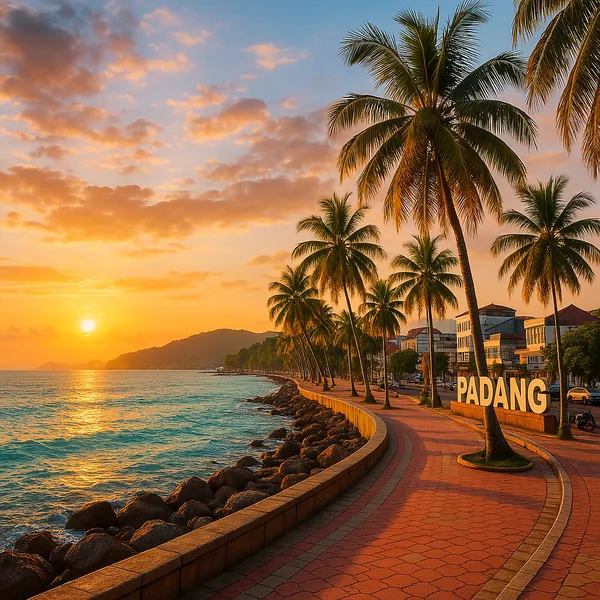 Enjoy assembling a puzzle depicting a golden sunset over a palm‑lined seaside promenade in Padang.