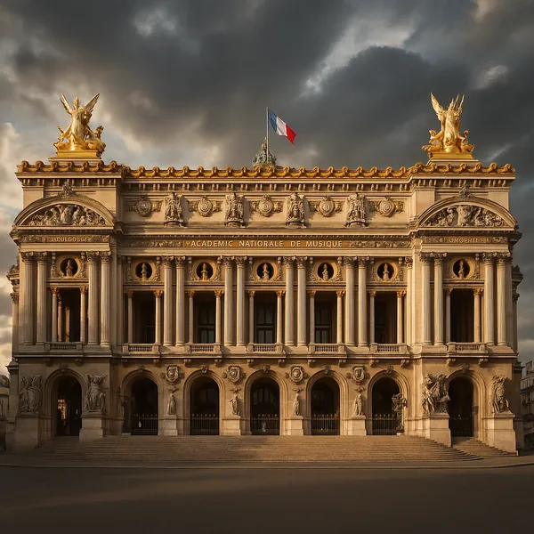 Discover a puzzle with a grand, neoclassical facade bathed in warm golden light, topped by gilded sculptures and a fluttering tricolor flag against a dramatic,