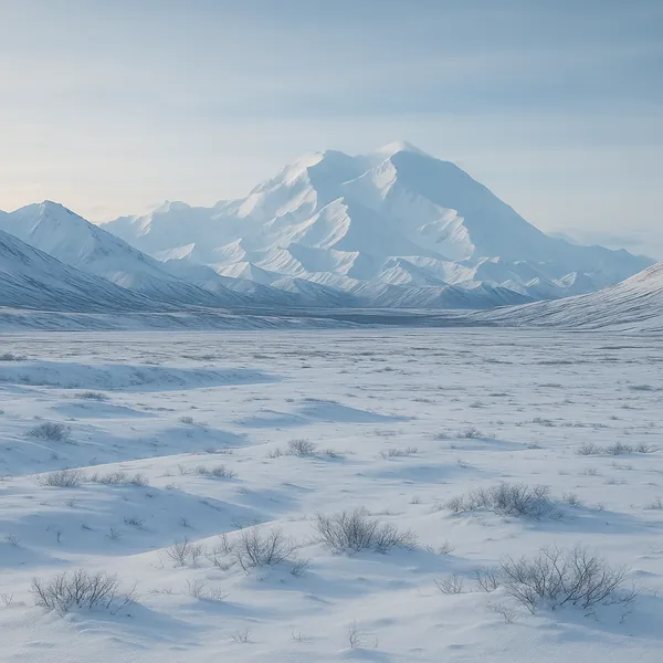 Enjoy an online jigsaw puzzle designed for browser play, featuring a serene winter landscape of snow-covered plains and towering mountains.