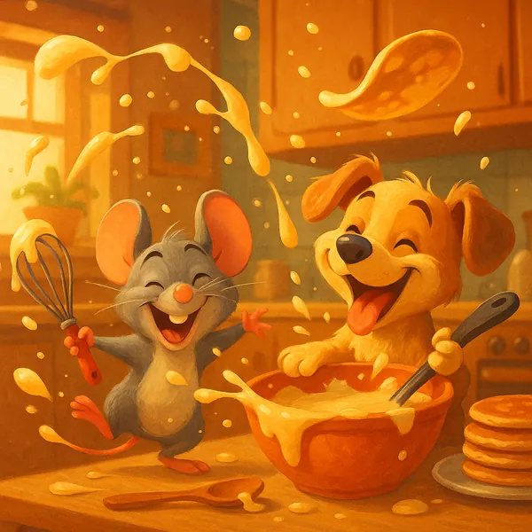 Discover a puzzle with a joyful kitchen scene where a cheerful puppy and a giggling mouse splash pancake batter in warm golden light.
