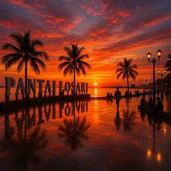 Discover a puzzle with a breathtaking seaside sunset at Pantai Losari, where tall palm silhouettes and a bold waterfront sign stand against a fiery orange and c
