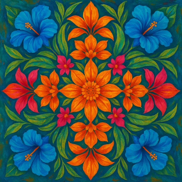 This online jigsaw puzzle features a vibrant floral artwork full of colorful flowers and lush foliage, perfect for flower and art lovers to enjoy in the browser
