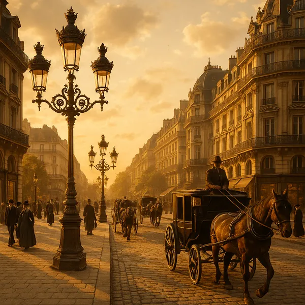 Discover a puzzle with a sunlit, vintage European boulevard alive with horse-drawn carriages, elegant Haussmann-style buildings, and ornate street lamps.