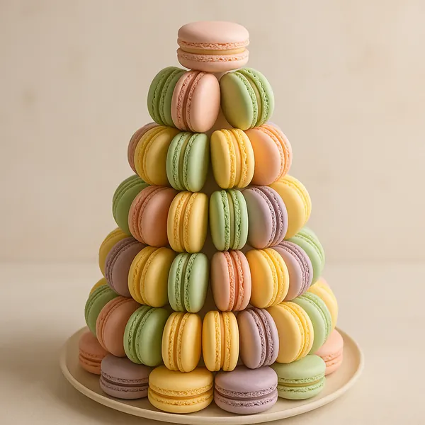 Discover a puzzle featuring a charming tower of pastel macarons neatly stacked on a simple plate.