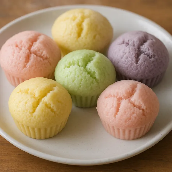 Enjoy assembling a puzzle depicting a plate of pastel steamed muffins in soft pink, yellow, green, and lavender hues arranged on a simple white dish.