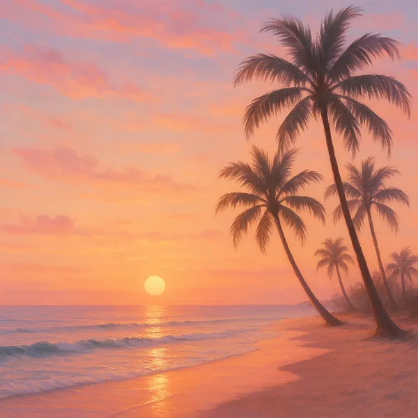 Discover a puzzle with a tranquil tropical sunset where golden-orange light melts into soft pinks and lavender across a calm sea.