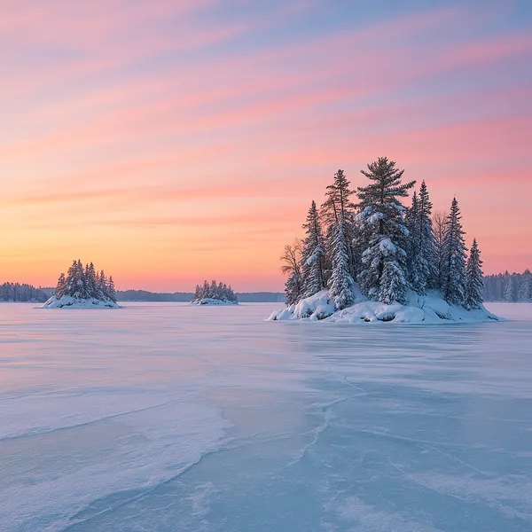 Enjoy an online jigsaw puzzle designed for browser play, featuring a serene winter landscape with snow-covered islands and frosted evergreens.