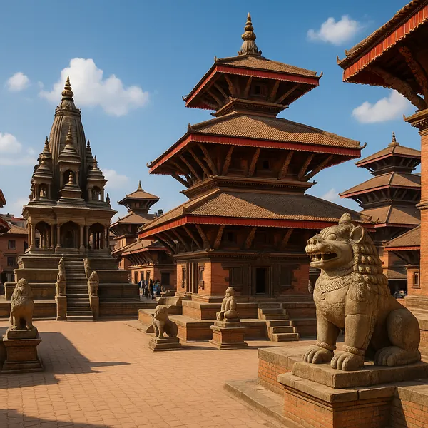Discover a puzzle with a sunlit Nepalese temple square, showcasing tiered pagoda roofs, warm terracotta brickwork, and carved stone guardian lions under a clear