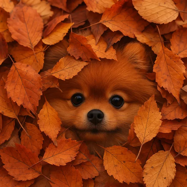Discover a puzzle with an adorable fluffy puppy peeking out from a blanket of warm orange autumn leaves.