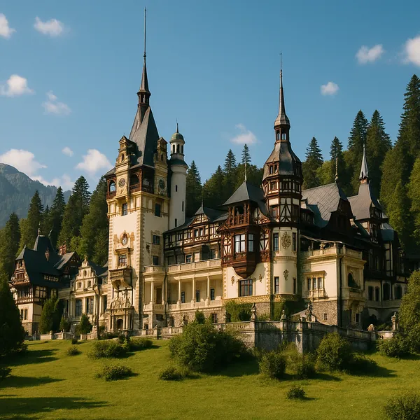 Enjoy assembling a puzzle depicting a magnificent mountain castle with tall spires and intricate timbered façades set against a clear blue sky.