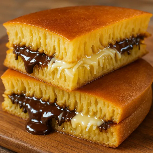 Discover a puzzle with a close-up view of two golden, pillowy pancake sandwiches oozing rich melted chocolate and creamy white filling between their spongy laye