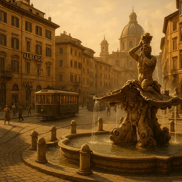 Discover a puzzle with a sunlit European piazza featuring a grand stone fountain crowned by a muscular statue, vintage tram cars gliding along cobbled streets,