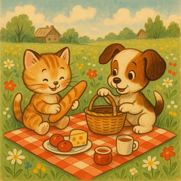 Discover a puzzle with an adorable vintage-style illustration of a smiling kitten and puppy enjoying a sunny picnic on a red-checkered blanket in a flowery gree