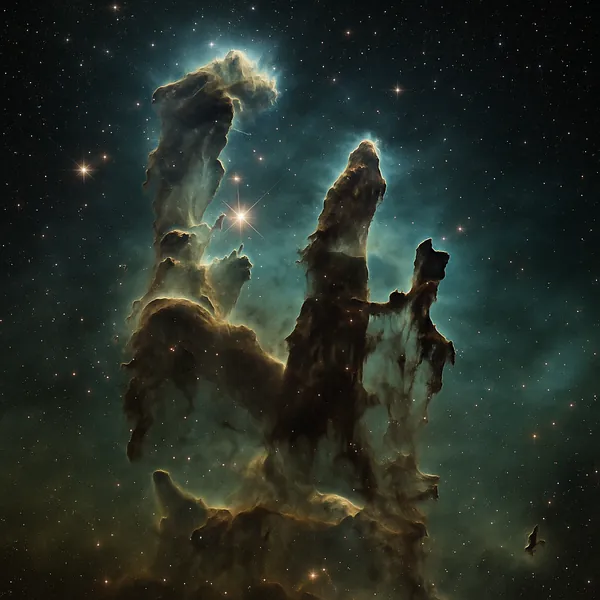 Discover a puzzle with a breathtaking cosmic scene of towering dark pillars of interstellar gas set against a teal-green starfield dotted with twinkling golden