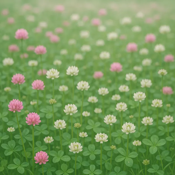 Discover a puzzle with a delicate clover field dotted in soft pink and creamy white blooms, where fresh green leaves and slender stems create a soothing, repeti