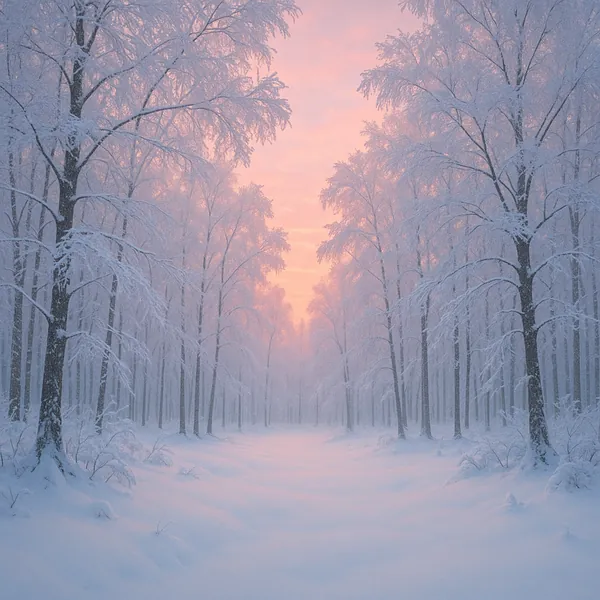 Discover a puzzle with a tranquil winter forest bathed in soft pink sunrise light, where tall, snow-laden birch trees form a peaceful avenue and powdery snow bl