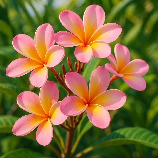 Discover a puzzle with a close-up of sunlit plumeria blossoms in soft pinks and warm golden yellows against a lush green background.