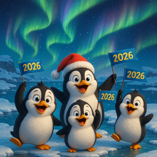 Enjoy assembling a puzzle depicting four cheerful cartoon penguins waving small "2026" flags beneath a shimmering aurora.